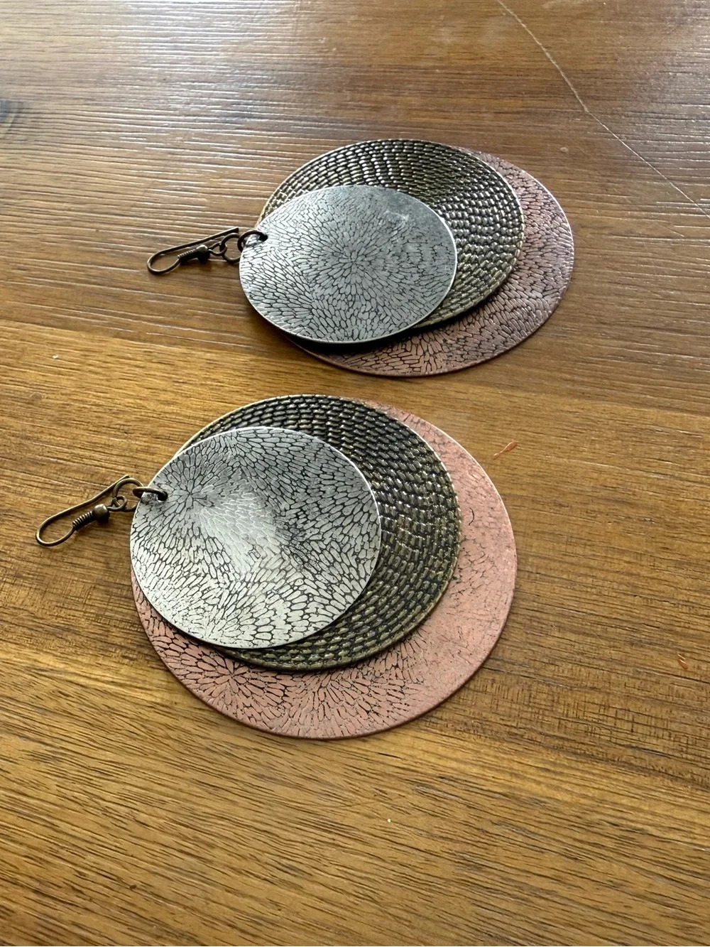 Vintage Layered Metallic Disc Drop Earrings - Silver, Bronze & Rose